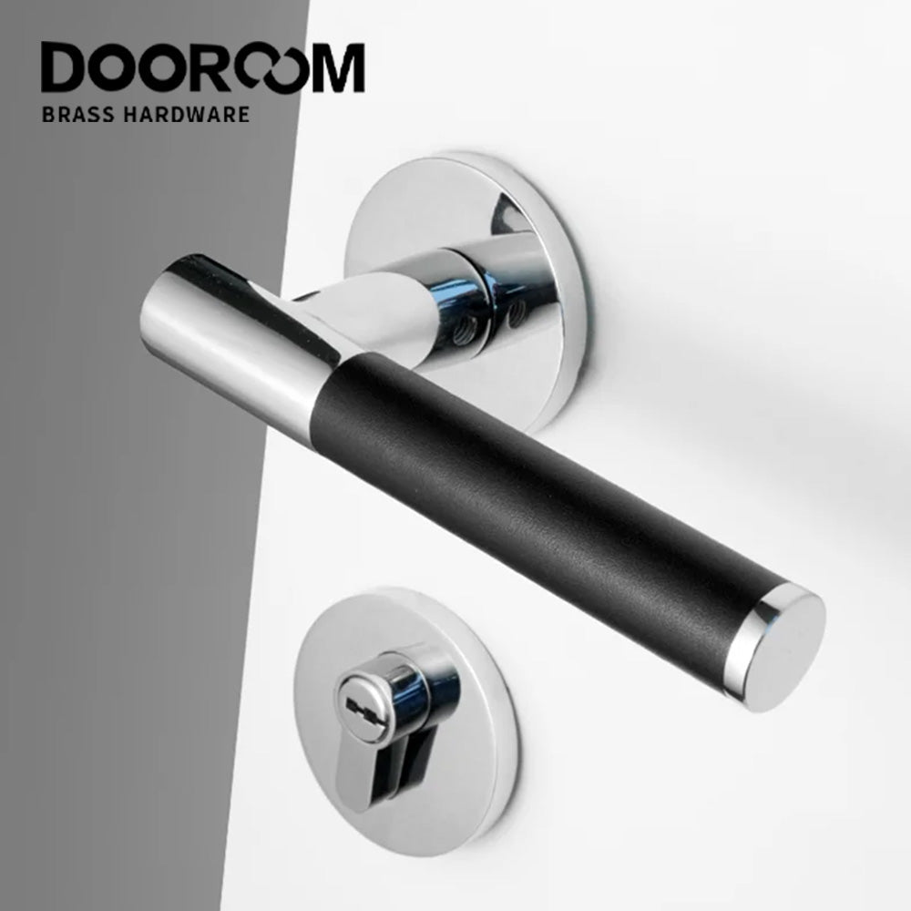Dooroom Brass Leather Door Lock Set Modern Italian Style Black Leather Bedroom Bathroom Double Wood Door Lever Set Dummy Handles DOOROOM