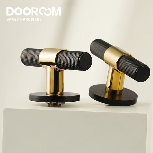 Dooroom Brass Door Lock Set Black Gold Knurled Hidden Door  Modern T-bar Bedroom Bathroom  Door Lever Dummy Privacy Passage DOOROOM