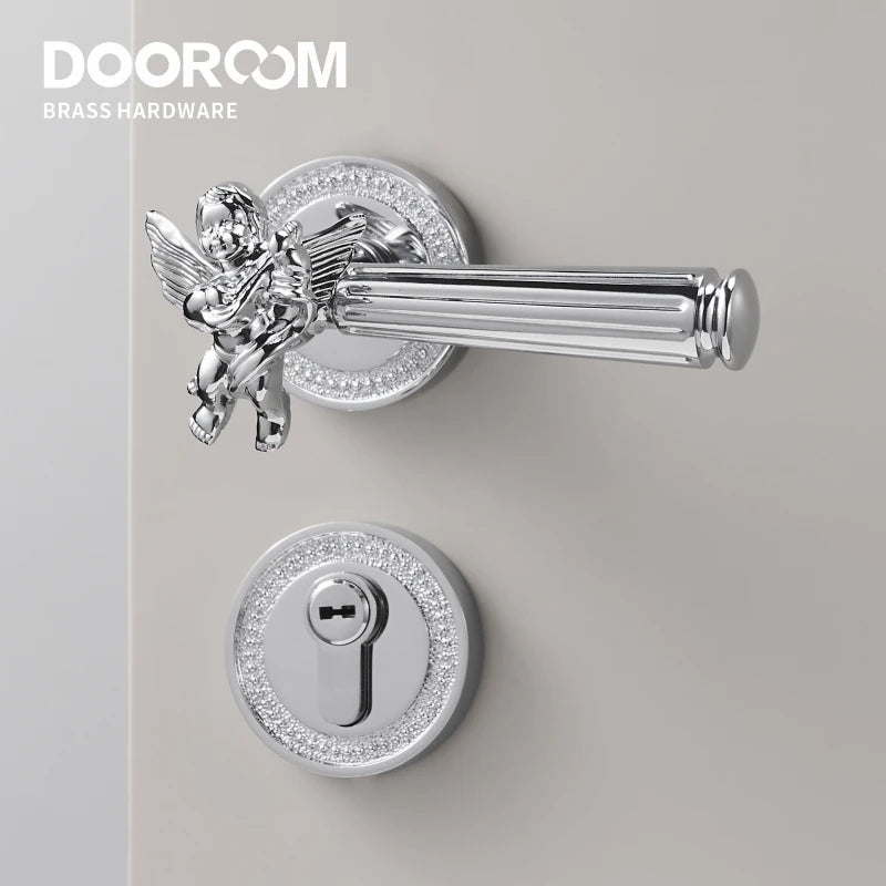 Dooroom Brass Door Lever Set Shiny Gold Bright Chrome Angel Interior Bedroom Bathroom Double Wood Door Lever Dummy Passage DOOROOM