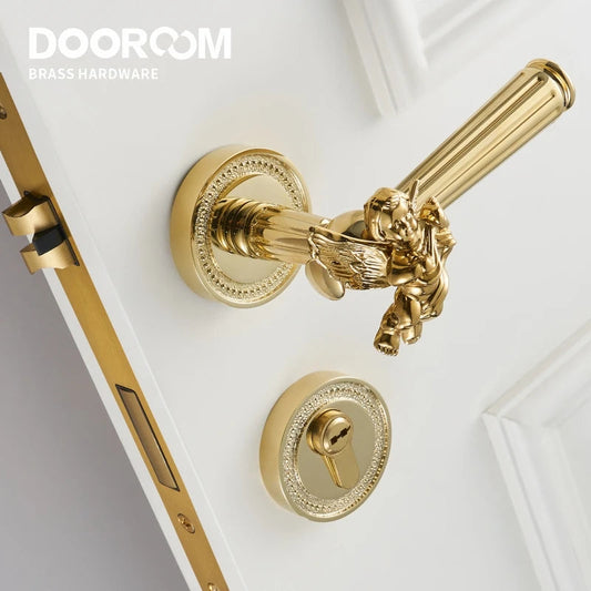 Dooroom Brass Door Lever Set Shiny Gold Bright Chrome Angel Interior Bedroom Bathroom Double Wood Door Lever Dummy Passage DOOROOM