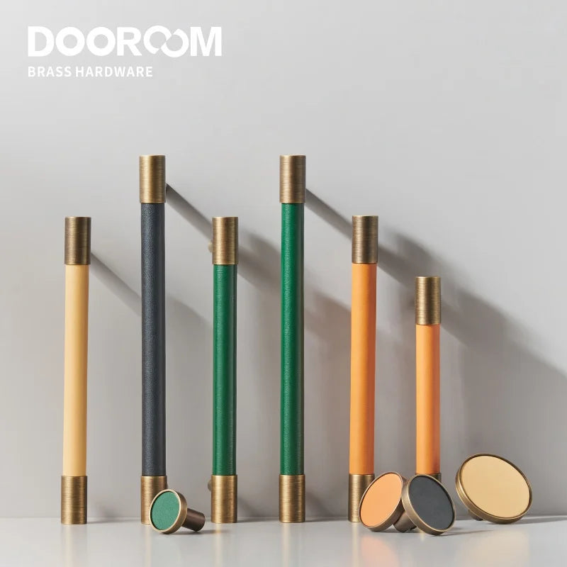 Dooroom Brass Furniture Handles Real Leather Nordic Simple Pulls Cupboard Wardrobe Dresser Shoe Box Drawer Wine Bar Cabinet Knob DOOROOM