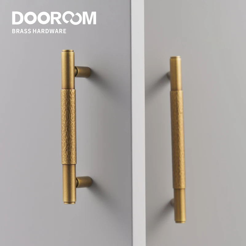 Dooroom Brass Furniture Handles Modern Hammered Yellow Bronze Cupboard Wardrobe Dresser Shoe Box Drawer Cabinet Knobs T-Bar DOOROOM