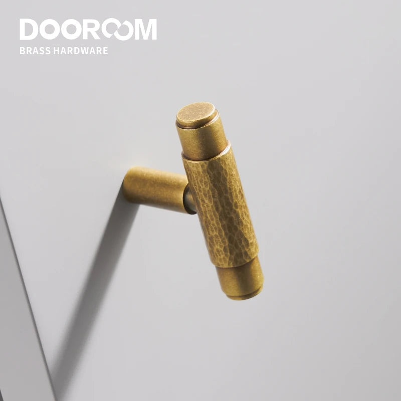 Dooroom Brass Furniture Handles Modern Hammered Yellow Bronze Cupboard Wardrobe Dresser Shoe Box Drawer Cabinet Knobs T-Bar DOOROOM