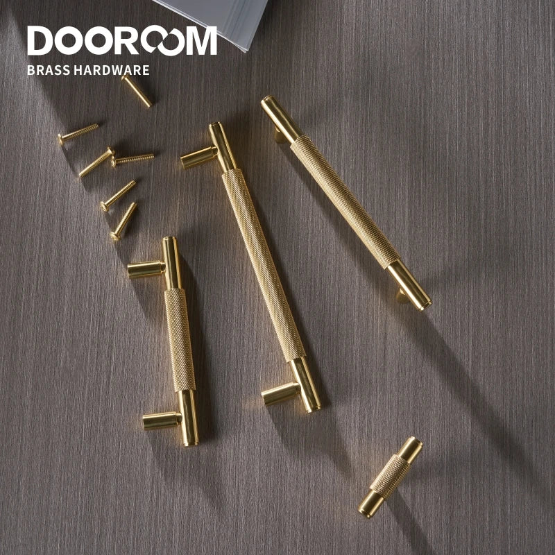 Dooroom Brass Furniture Handles Modern Knurled Shiny Gold Cupboard Wardrobe Dresser Shoe Box Drawer Cabinet Knobs T-Bar DOOROOM