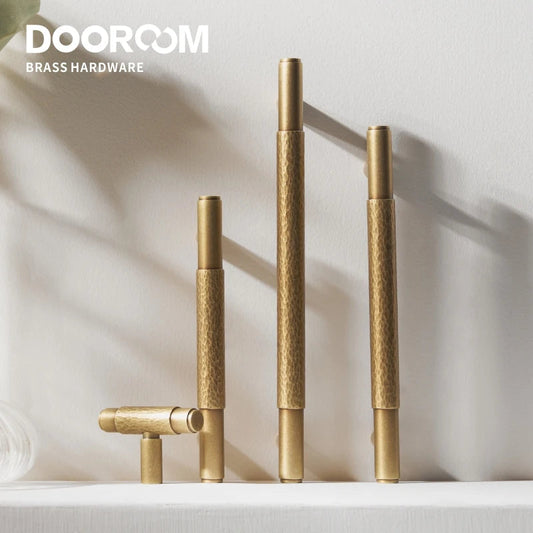 Dooroom Brass Furniture Handles Modern Hammered Yellow Bronze Cupboard Wardrobe Dresser Shoe Box Drawer Cabinet Knobs T-Bar DOOROOM