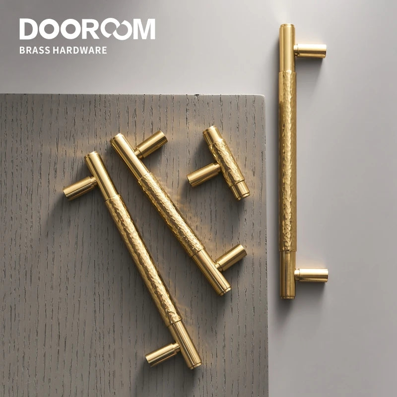 Dooroom Brass Furniture Handles Modern Hammered Shiny Gold Cupboard Wardrobe Dresser Shoe Box Drawer Cabinet Knobs T-Bar DOOROOM