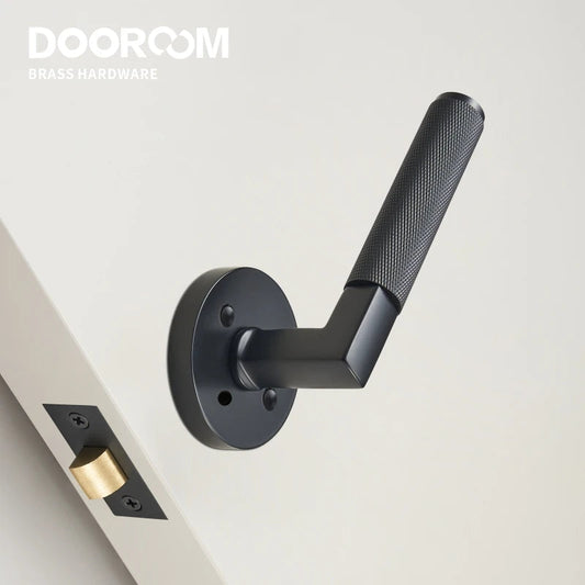 Dooroom US Standard For 2-1/8" Hole Brass Knurled Lever Privacy Door Lock Passage Set  Round Rose 65mm Dummy Closet Handle DOOROOM