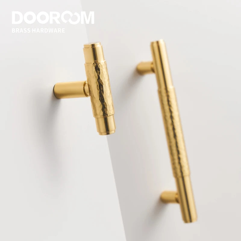 Dooroom Brass Furniture Handles Modern Hammered Shiny Gold Cupboard Wardrobe Dresser Shoe Box Drawer Cabinet Knobs T-Bar DOOROOM