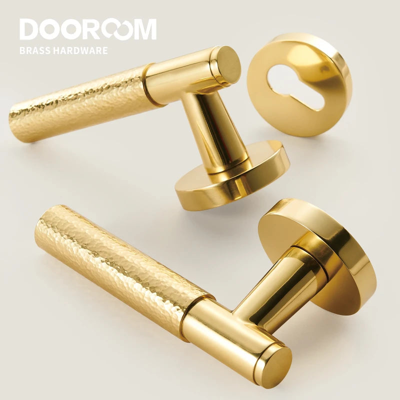 Dooroom Brass Door Lock Set Hammered Gold Yellow Bronze Interior Bedroom Bathroom Double Wood Door Lever Dummy Passage Privacy DOOROOM