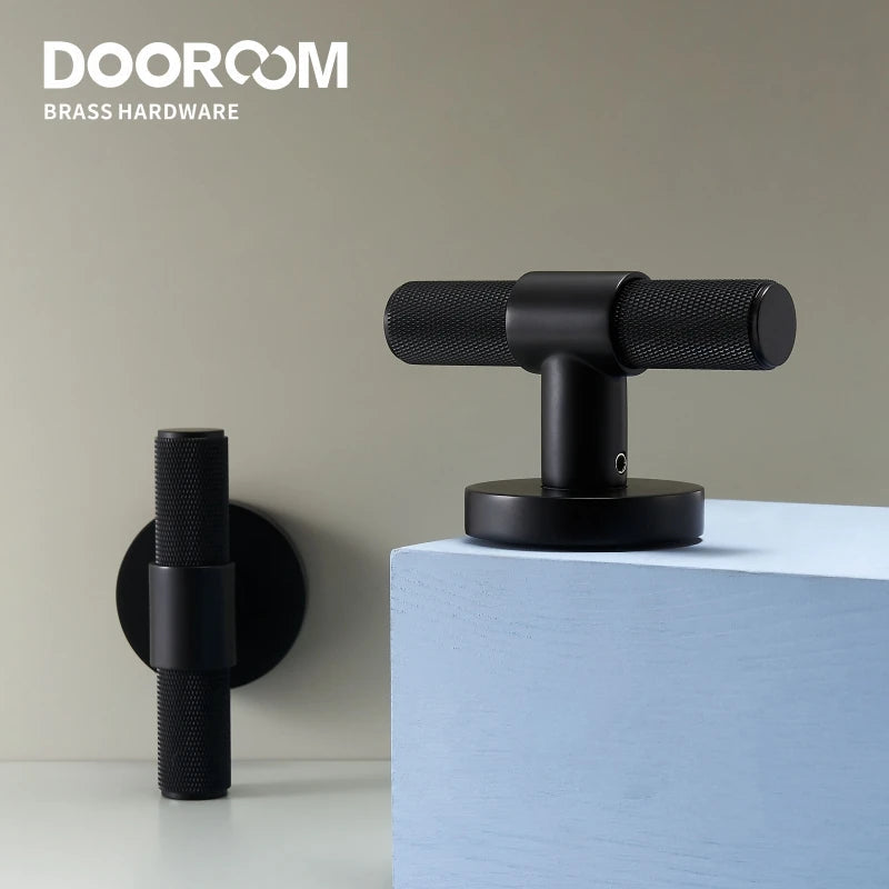 Dooroom Brass Door Lever Set Modern Knurled T-bar Interior Bedroom Bathroom Double Wood Door Lock Set Dummy Knob Hidden Door DOOROOM