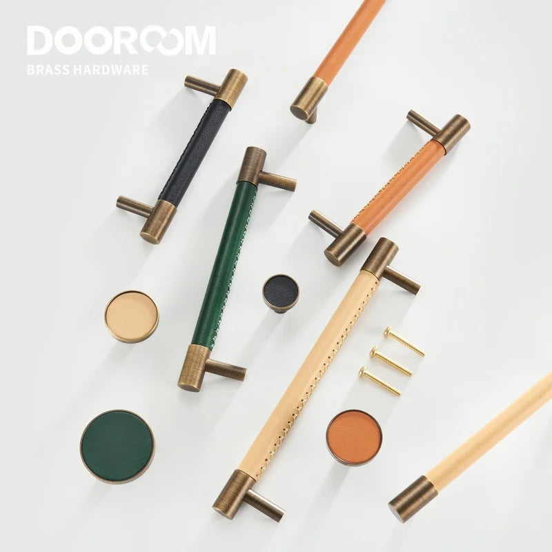 Dooroom Brass Furniture Handles Real Leather Nordic Simple Pulls Cupboard Wardrobe Dresser Shoe Box Drawer Wine Bar Cabinet Knob DOOROOM