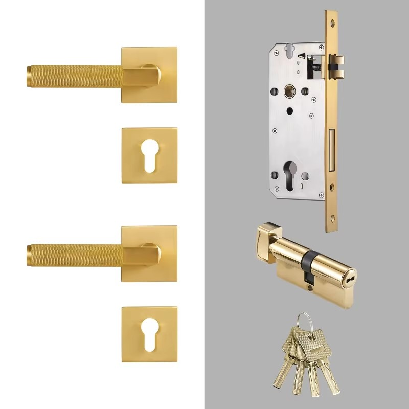 Dooroom Knurled Brass Door Lock Set Modern Interior Bedroom Bathroom Double Wood Door Lever Set Dummy Privacy Passage Lock DOOROOM