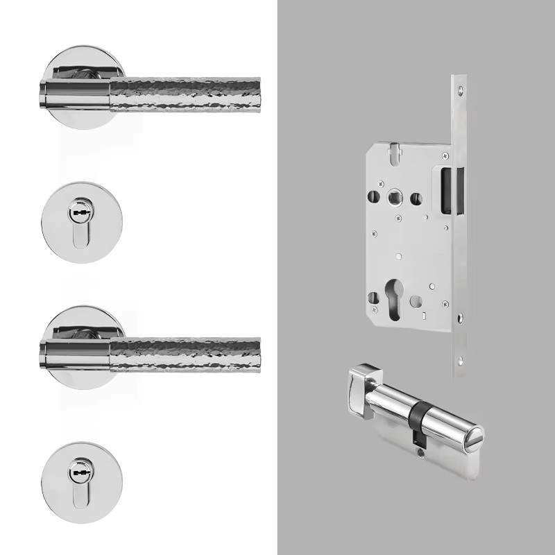 Dooroom Brass Door Lock Set Hammered Bright Silver Interior Bedroom Bathroom Double Wood Door Lever Dummy Passage Privacy Lock DOOROOM