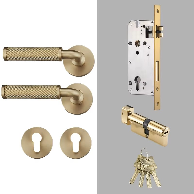 Dooroom Brass Knurled Door Lock Set Modern Interior Bedroom Bathroom Double Wood Door Lever Set Dummy Knob Privacy Passage Locks DOOROOM