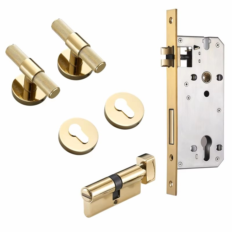 Dooroom Brass Door Lever Set Modern Knurled T-bar Interior Bedroom Bathroom Double Wood Door Lock Set Dummy Knob Hidden Door DOOROOM