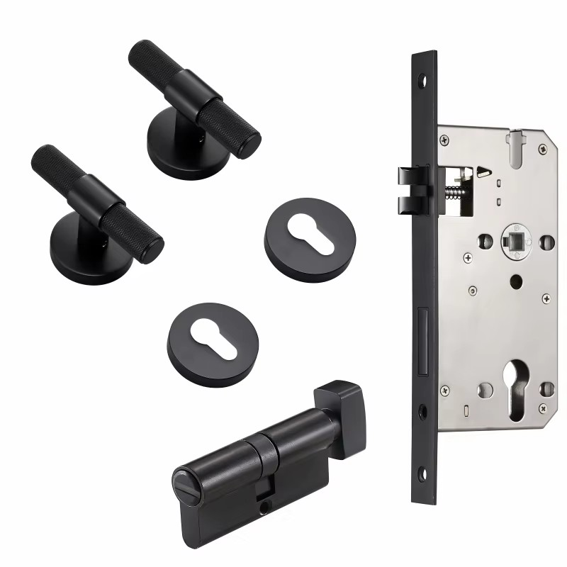 Dooroom Brass Door Lever Set Modern Knurled T-bar Interior Bedroom Bathroom Double Wood Door Lock Set Dummy Knob Hidden Door DOOROOM