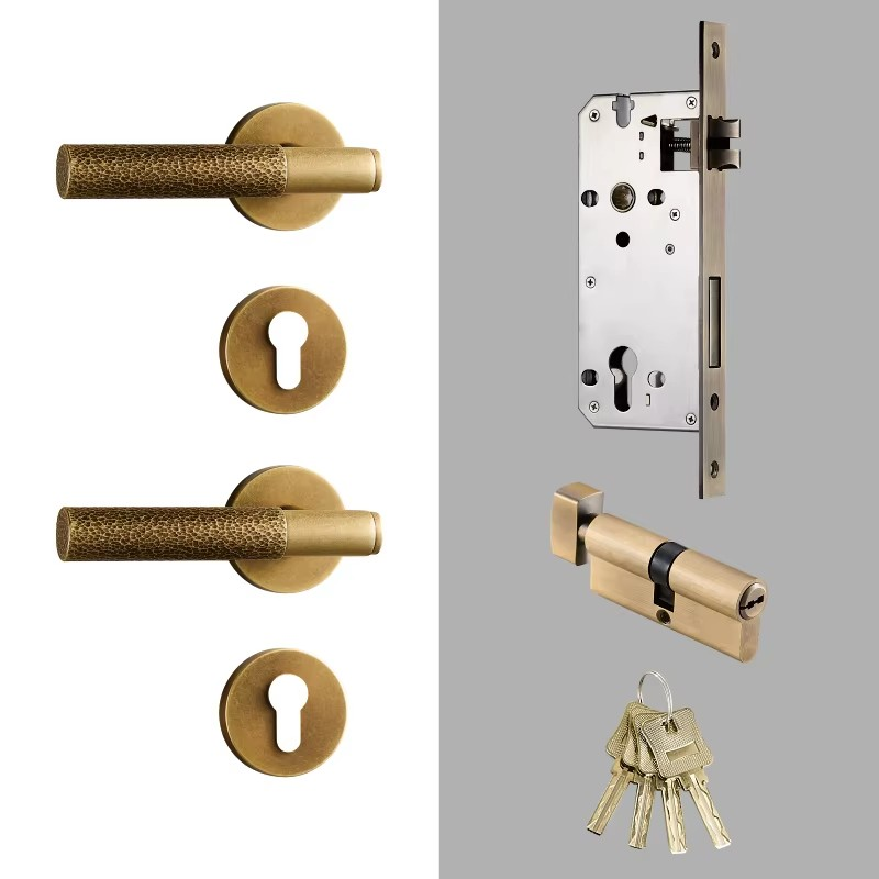 Dooroom Brass Door Lock Set Hammered Gold Yellow Bronze Interior Bedroom Bathroom Double Wood Door Lever Dummy Passage Privacy DOOROOM