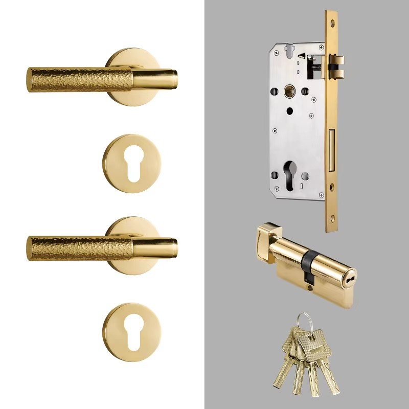 Dooroom Brass Door Lock Set Hammered Gold Yellow Bronze Interior Bedroom Bathroom Double Wood Door Lever Dummy Passage Privacy DOOROOM