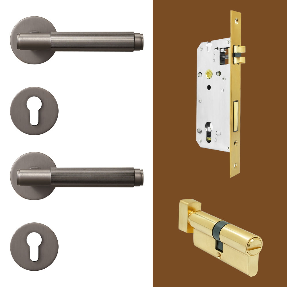 Dooroom Brass Stripe Door Lock Set Modern Grey Interior Bedroom Bathroom Double Wood Lever Dummy Handle Knob Linear DOOROOM