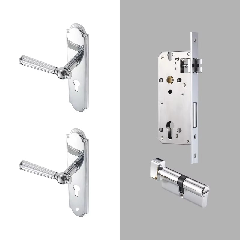Dooroom Brass Door Lock Set Modern Shiny Chrome Interior Bedroom Bathroom Double Wood Door Lever Set Dummy Handle DOOROOM