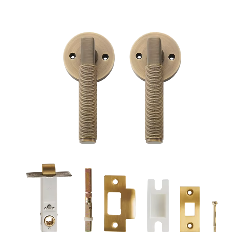 Dooroom US Standard For 2-1/8" Hole Brass Knurled Lever Privacy Door Lock Passage Set  Round Rose 65mm Dummy Closet Handle DOOROOM