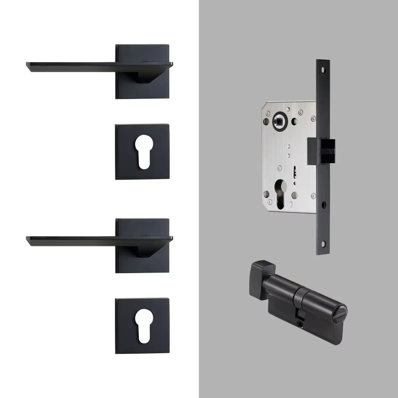 Dooroom Brass Door Lock Set Modern Black Interior Bedroom Bathroom Double Wood Door Lever Set Dummy Lock Handle DOOROOM