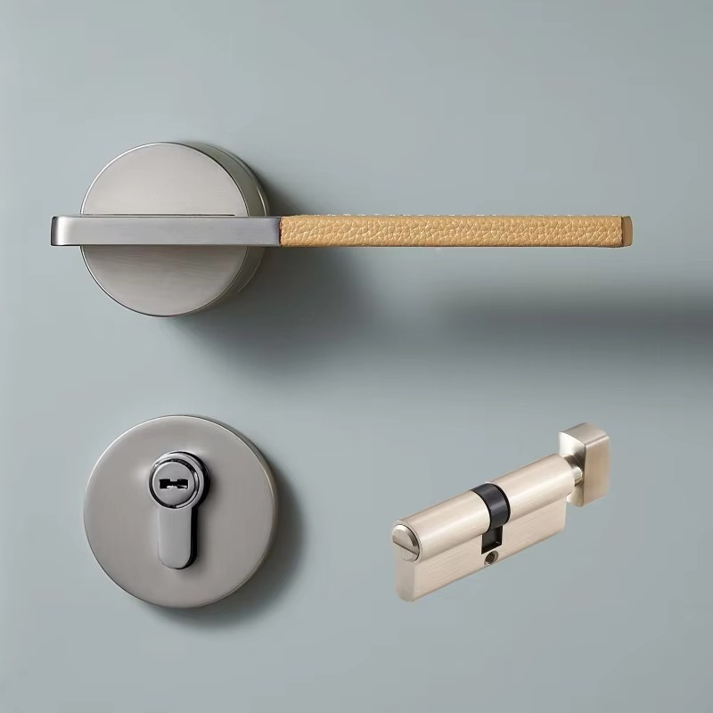 Dooroom Brass Leather Door Lock Set Black Brushed Nickel Bedroom Bathroom Double Wood Door Lever Set Dummy Privacy Passage DOOROOM