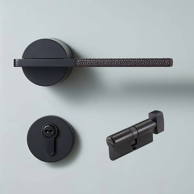 Dooroom Brass Leather Door Lock Set Black Brushed Nickel Bedroom Bathroom Double Wood Door Lever Set Dummy Privacy Passage DOOROOM