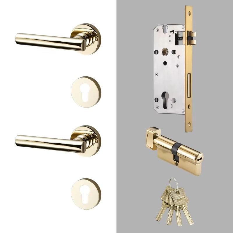 Dooroom Brass Door Lock Set Modern Nordic Interior Bedroom Bathroom Double Wood Door Lever Set Dummy Lock Handle DOOROOM