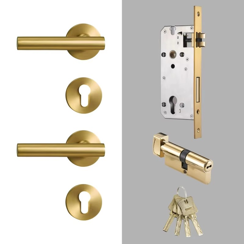 Dooroom Brass Door Lock Set Modern Nordic Interior Bedroom Bathroom Double Wood Door Lever Set Dummy Lock Handle DOOROOM