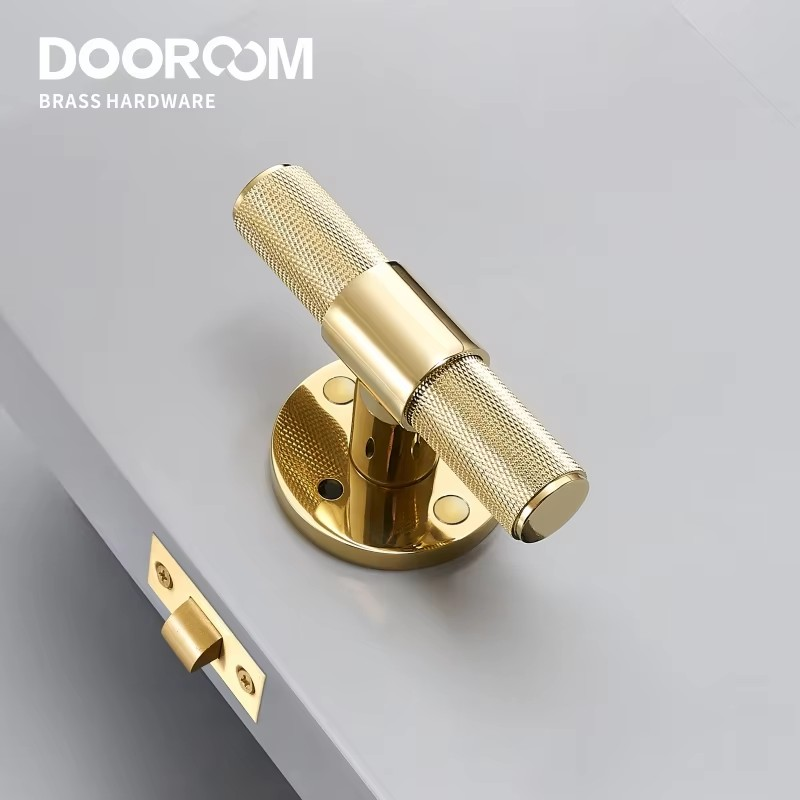 Dooroom Brass Door Lever Set Modern Knurled T-bar Interior Bedroom Bathroom Double Wood Door Lock Set Dummy Knob Hidden Door DOOROOM
