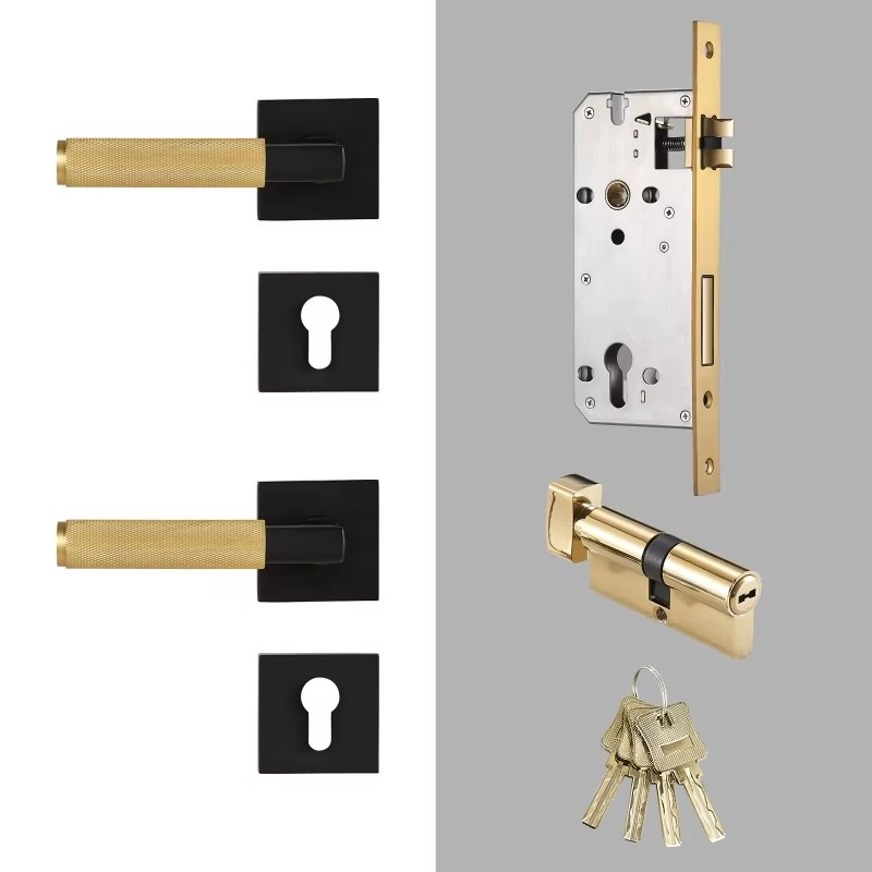 Dooroom Knurled Brass Door Lock Set Modern Interior Bedroom Bathroom Double Wood Door Lever Set Dummy Privacy Passage Lock DOOROOM