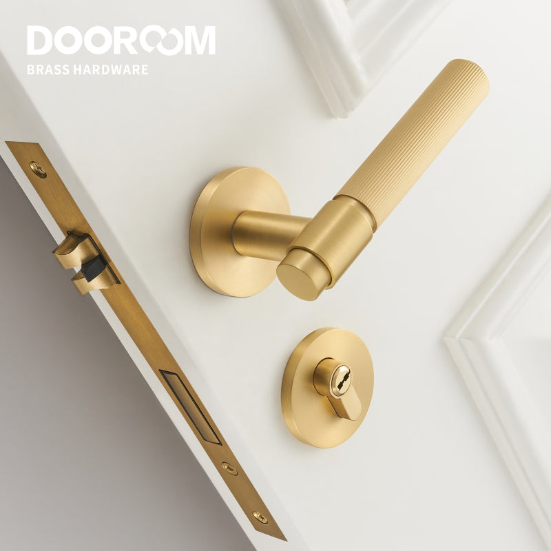 Dooroom Brass Door Lock Set Modern Stripe Shiny Gold Interior Bedroom Bathroom Double Wood Door Lever Dummy Privacy Passage DOOROOM