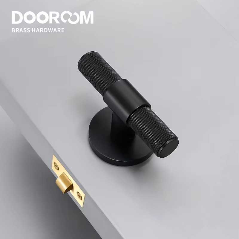 Dooroom Brass Door Lever Set Modern Knurled T-bar Interior Bedroom Bathroom Double Wood Door Lock Set Dummy Knob Hidden Door DOOROOM
