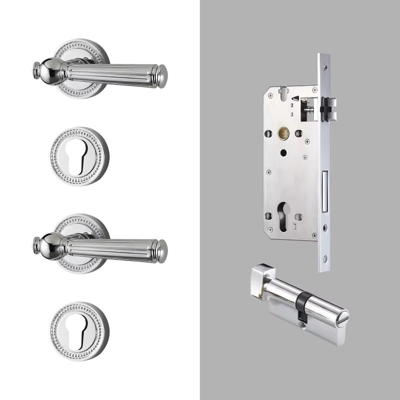 Dooroom Brass Door Lock Set Modern Shiny Chrome Interior Bedroom Bathroom Double Wood Door Lever Set Dummy Handle DOOROOM