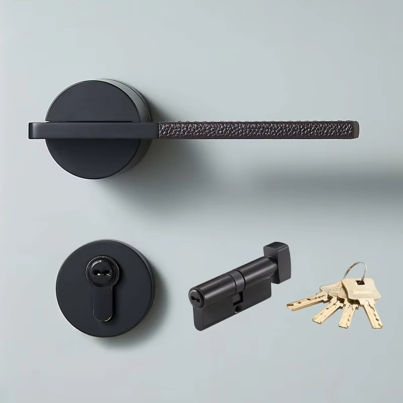 Dooroom Brass Leather Door Lock Set Black Brushed Nickel Bedroom Bathroom Double Wood Door Lever Set Dummy Privacy Passage DOOROOM