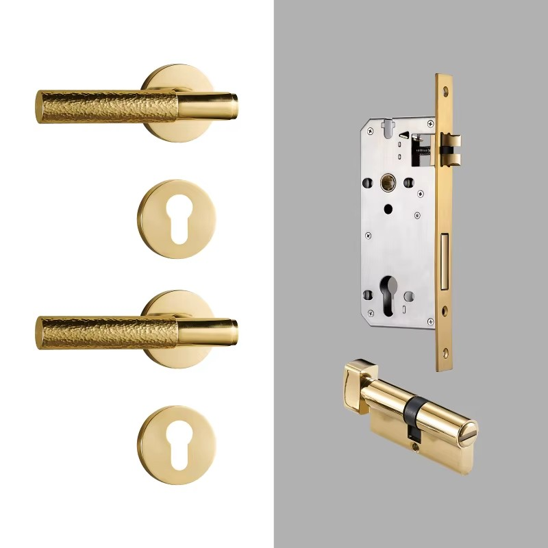Dooroom Brass Door Lock Set Hammered Gold Yellow Bronze Interior Bedroom Bathroom Double Wood Door Lever Dummy Passage Privacy DOOROOM