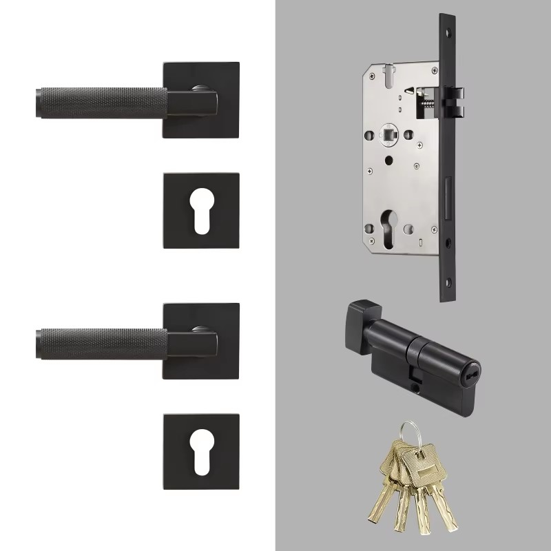 Dooroom Knurled Brass Door Lock Set Modern Interior Bedroom Bathroom Double Wood Door Lever Set Dummy Privacy Passage Lock DOOROOM