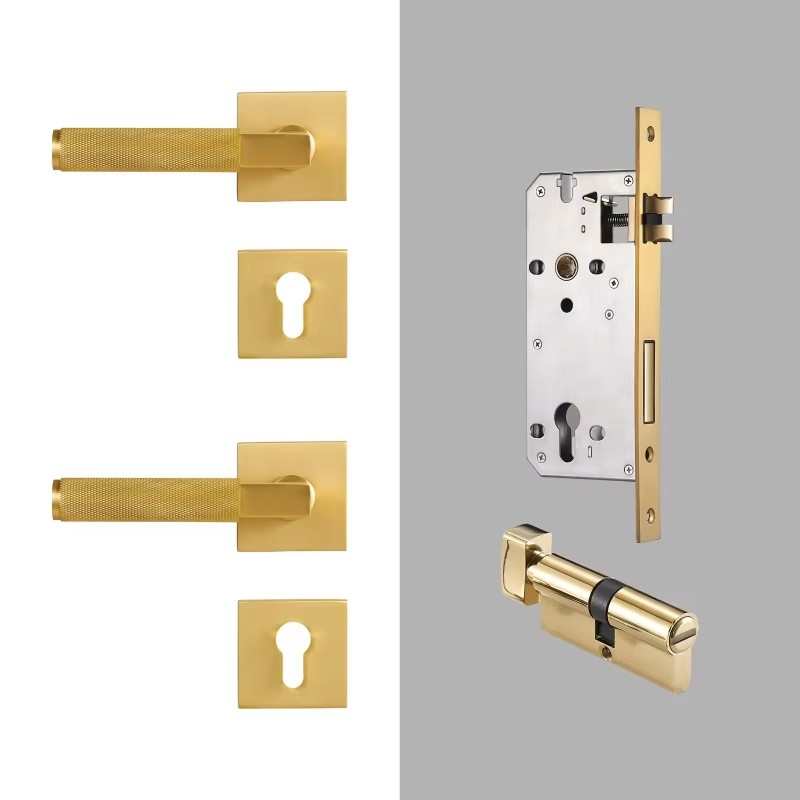 Dooroom Knurled Brass Door Lock Set Modern Interior Bedroom Bathroom Double Wood Door Lever Set Dummy Privacy Passage Lock DOOROOM