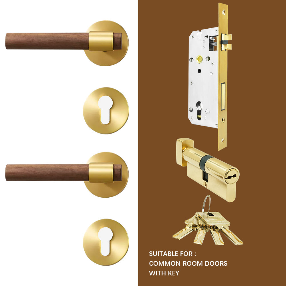 Dooroom Brass Walnut Door Lock Set Modern Interior Bedroom Bathroom Double Wood Door Lever Set Dummy Handle Knob DOOROOM